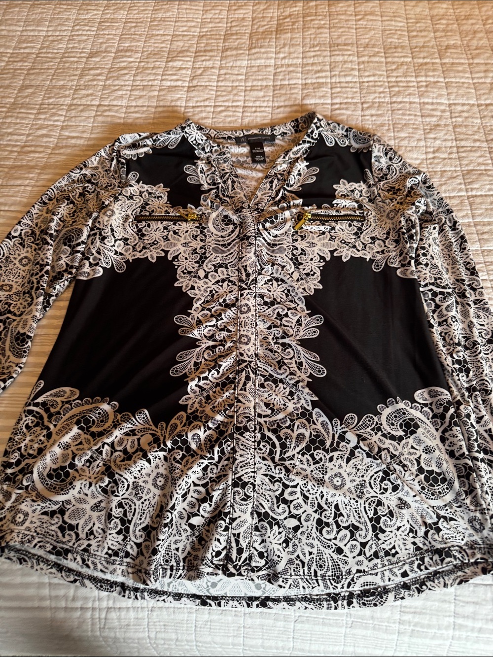 INC International Concepts Black and White Lace-Print Long Sleeve Top